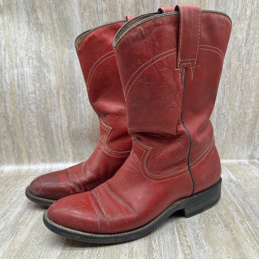 COWTOWN‎ Red Leather Roper Cowboy Boots Size 7 D Distressed Western Rodeo